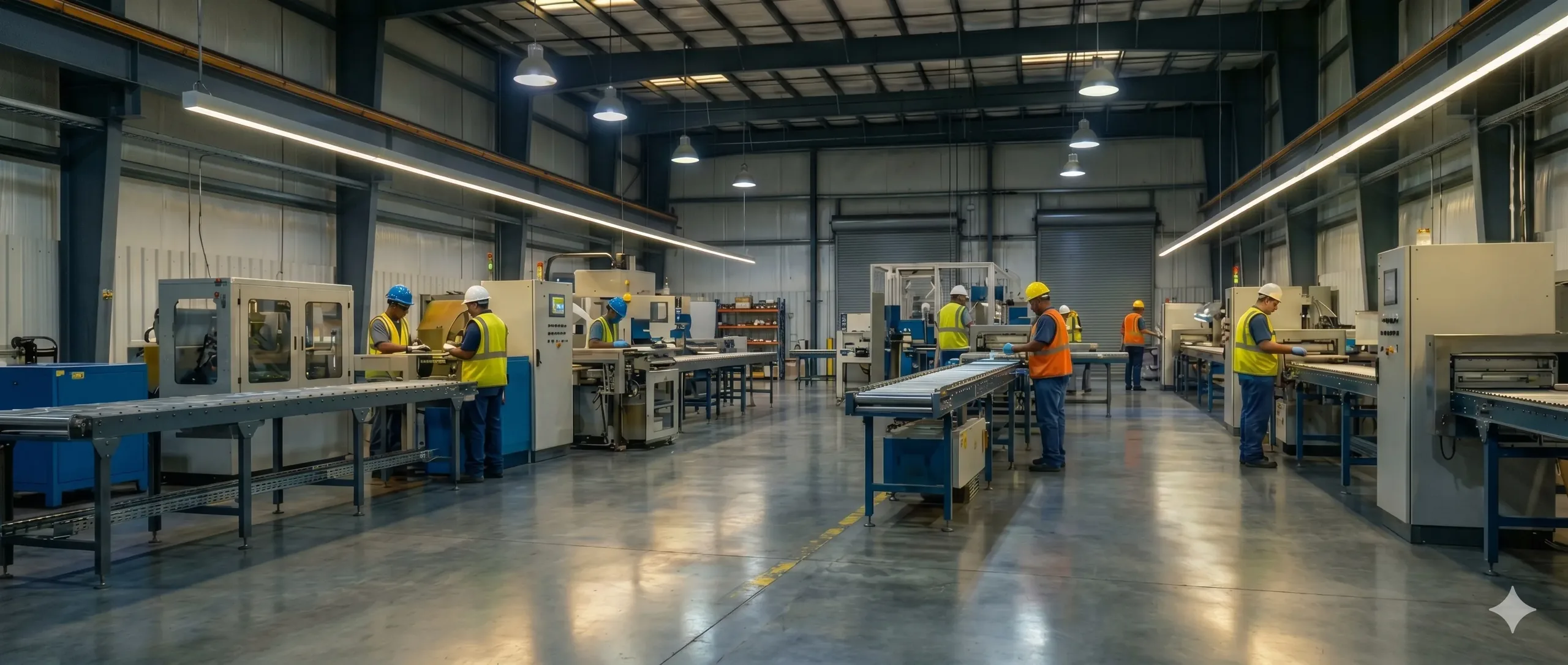 Manufacturing floor with operators at CNC and conveyor stations under industrial lighting